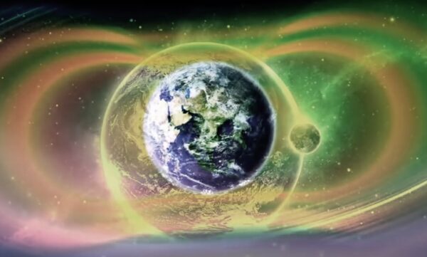 Radarbild: Das Matrixgitter der Erde mit Mond.